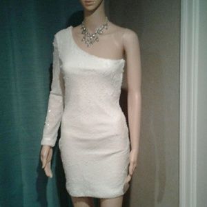 White sequin, one sleeve formal prom dress